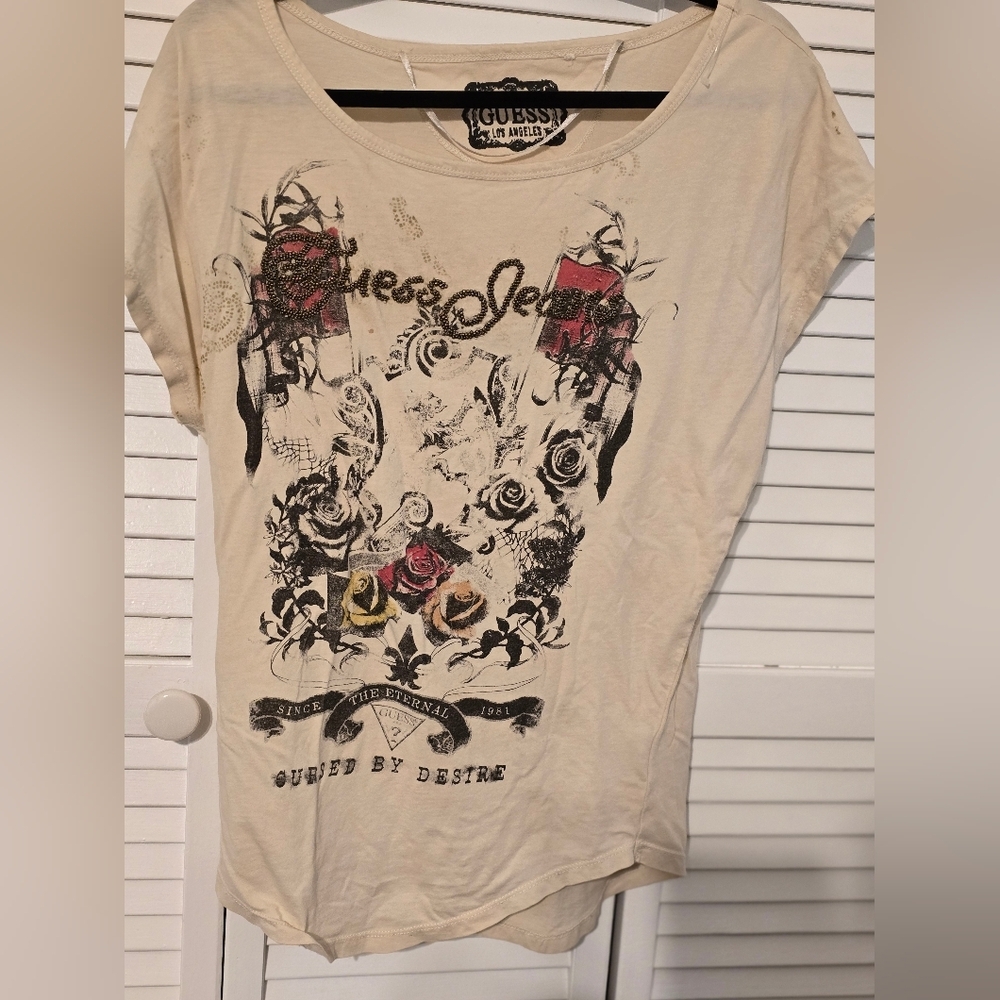 Guess Jeans Los Angeles Graphic Top | Embellished Roses & Script | Size XS